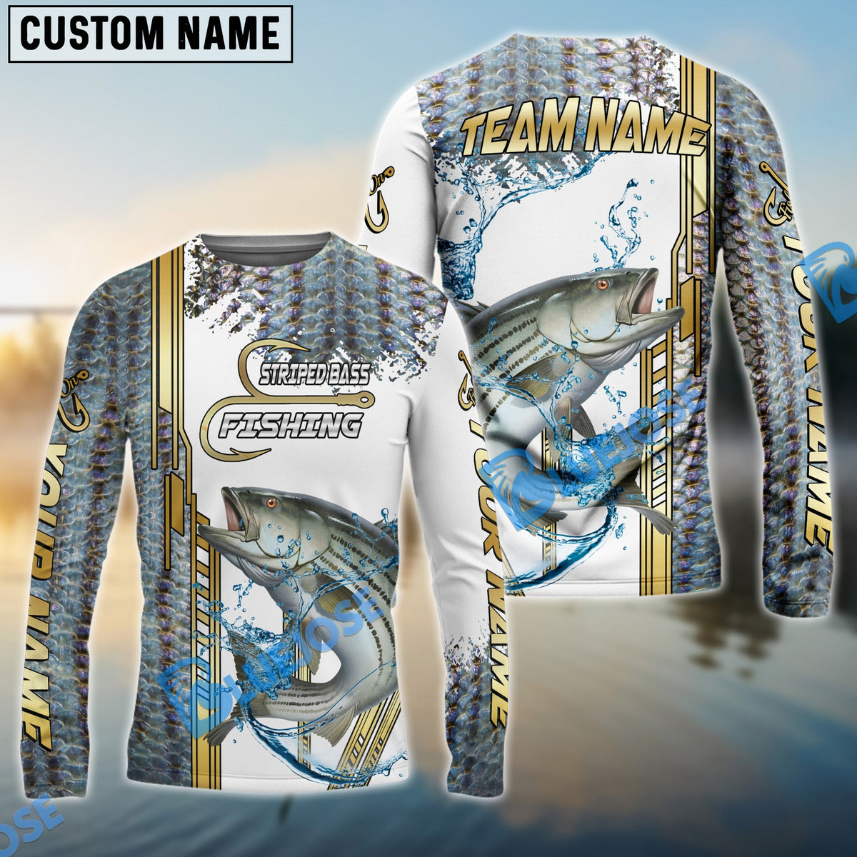 BlueJose Striped Bass Fishing Skinfish Golden Line Pattern Custom Name & Team Name 3D Shirts
