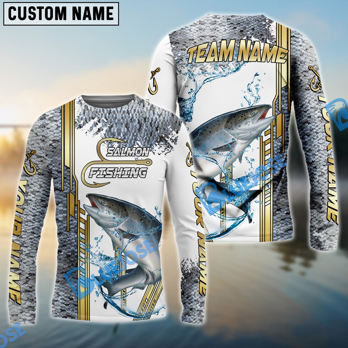 BlueJose Salmon Fishing Skinfish Golden Line Pattern Custom Name & Team Name 3D Shirts