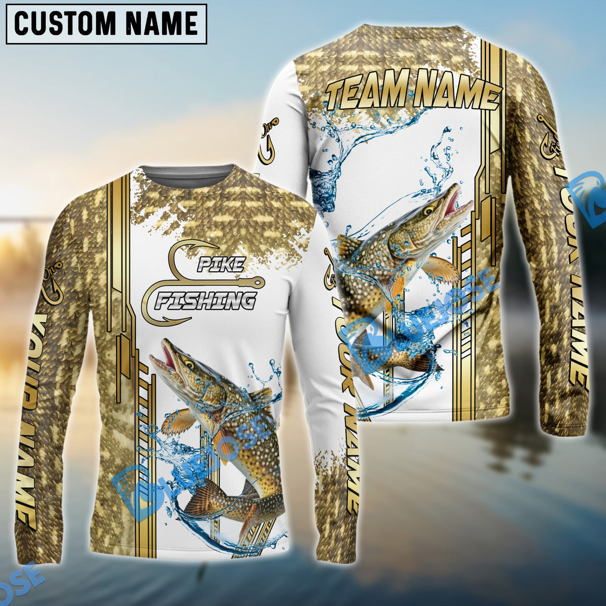BlueJose Pike Fishing Skinfish Golden Line Pattern Custom Name & Team Name 3D Shirts