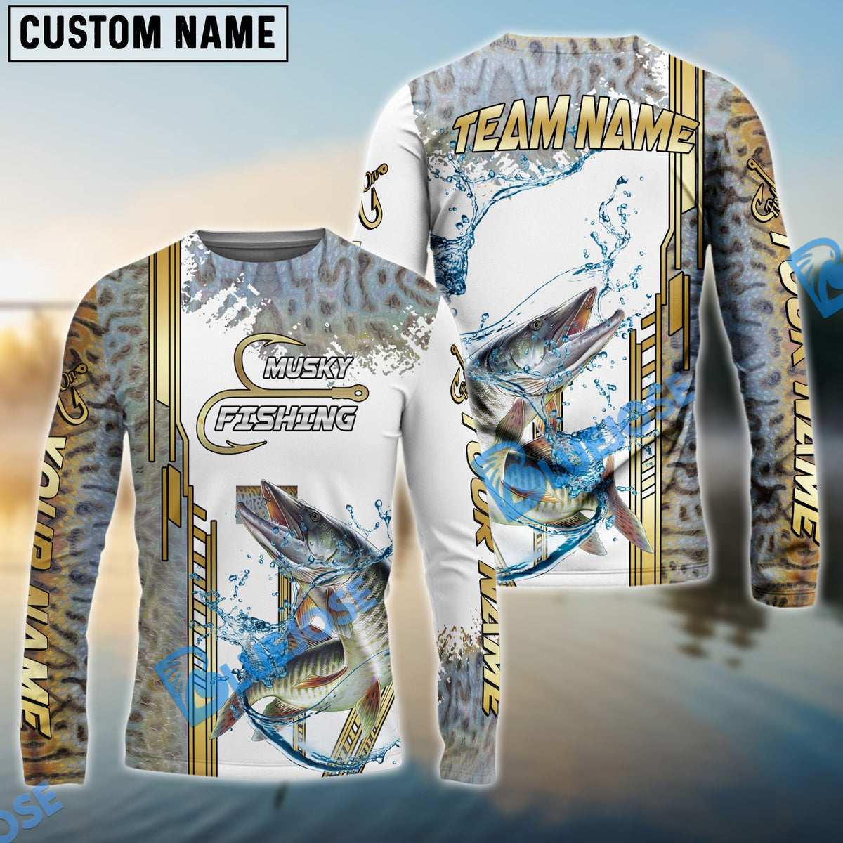 BlueJose Musky Fishing Skinfish Golden Line Pattern Custom Name & Team Name 3D Shirts