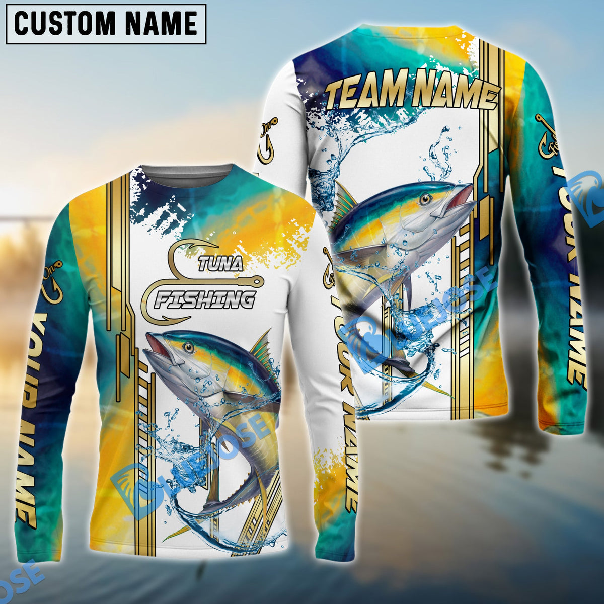 BlueJose Tuna Fishing Skinfish Golden Line Pattern Custom Name & Team Name 3D Shirts