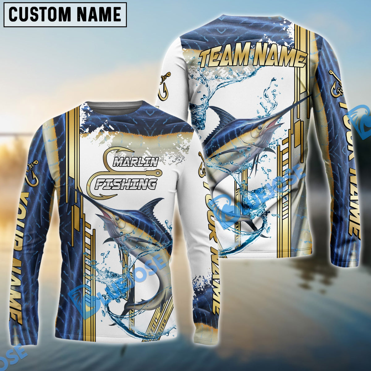 BlueJose Marlin Fishing Skinfish Golden Line Pattern Custom Name & Team Name 3D Shirts