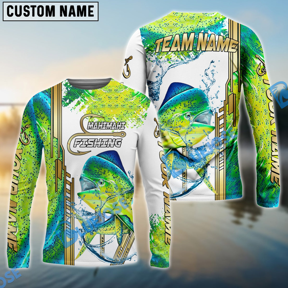 BlueJose Mahi-mahi Fishing Skinfish Golden Line Pattern Custom Name & Team Name 3D Shirts