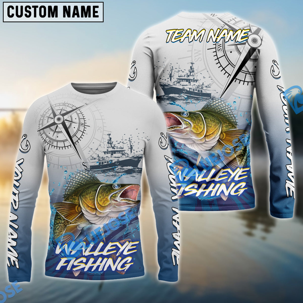 BlueJose Walleye Fishing Realistic Fish Compass Anchor Pattern Custom Name & Team Name 3D Shirts