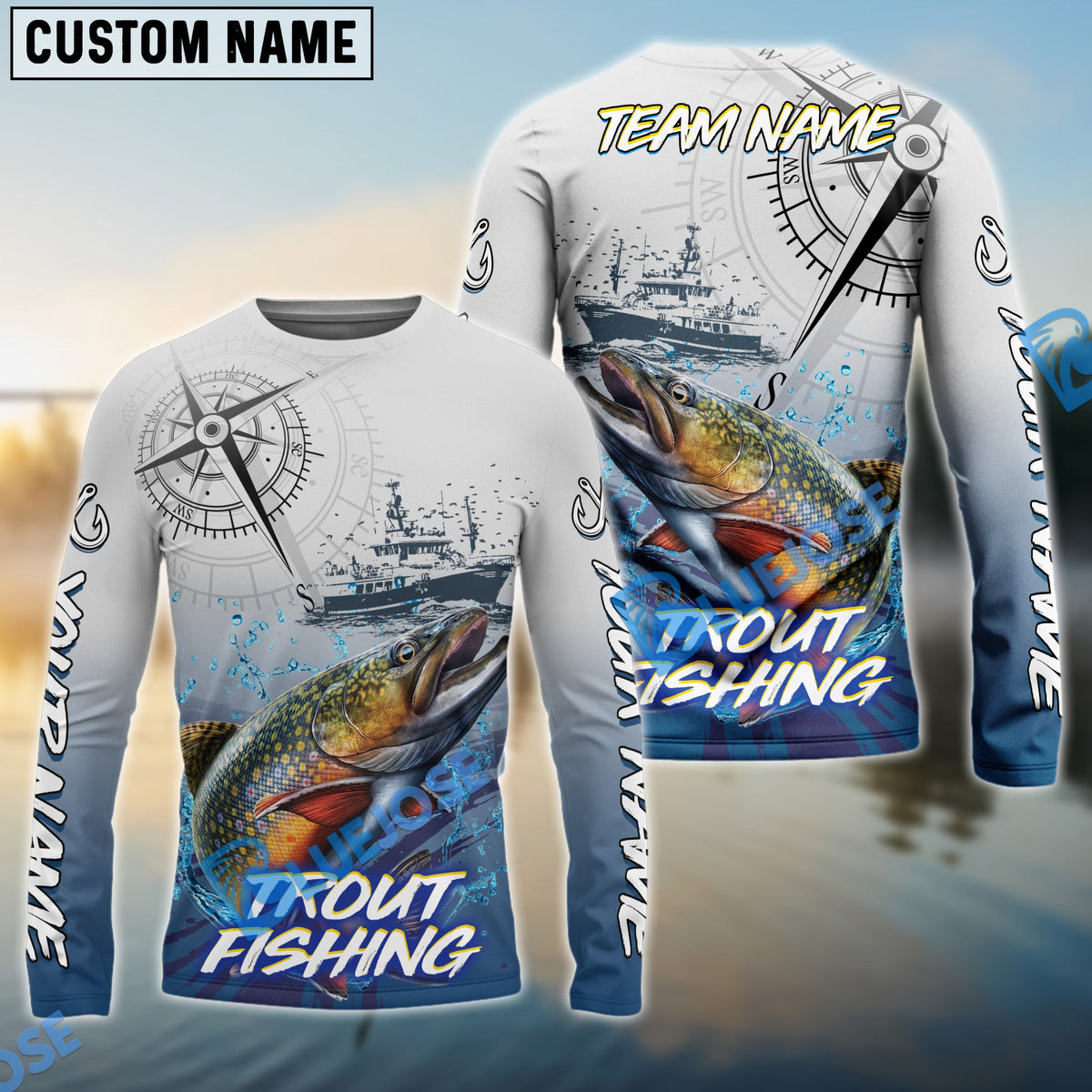 BlueJose Trout Fishing Realistic Fish Compass Anchor Pattern Custom Name & Team Name 3D Shirts