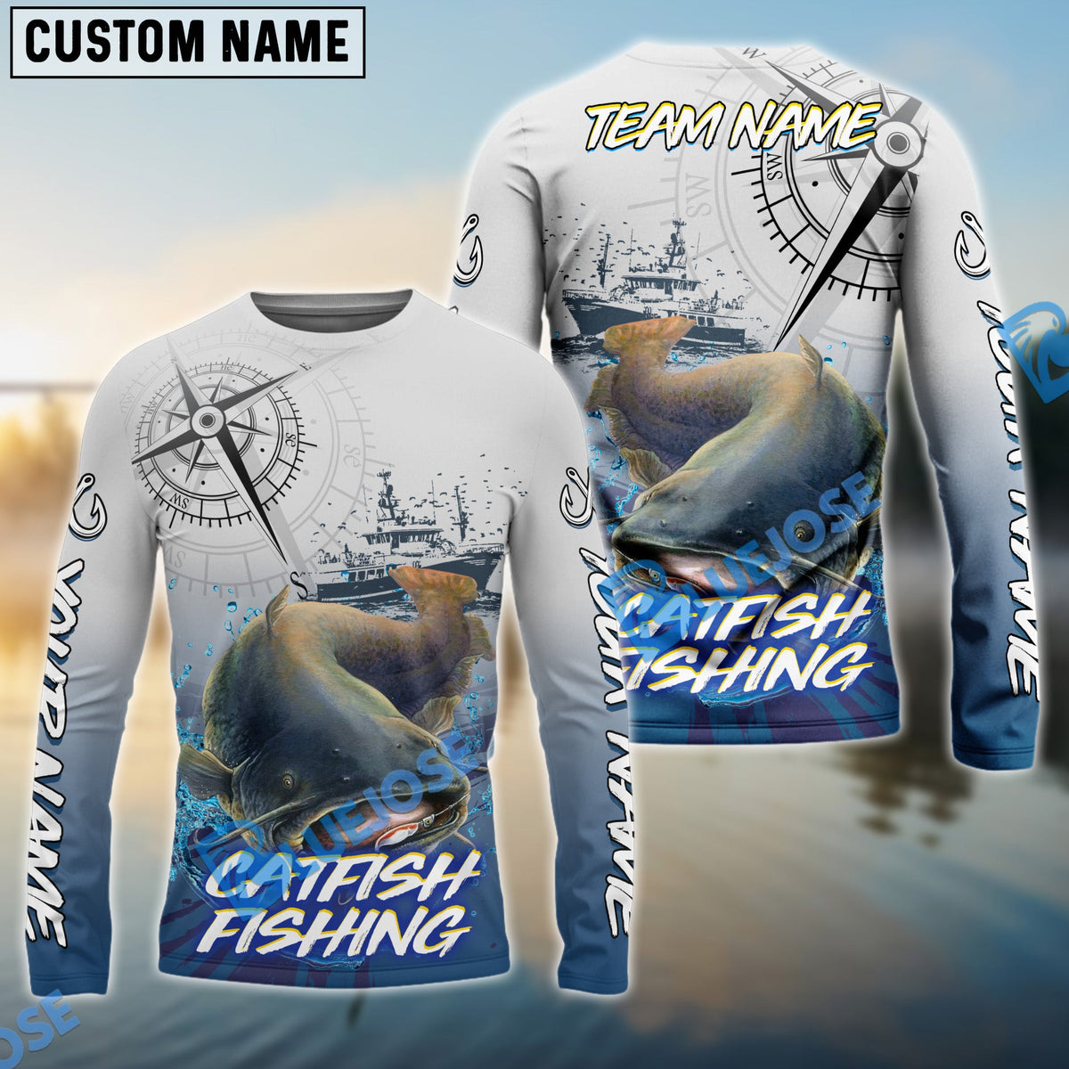 BlueJose Catfish Fishing Realistic Fish Compass Anchor Pattern Custom Name & Team Name 3D Shirts