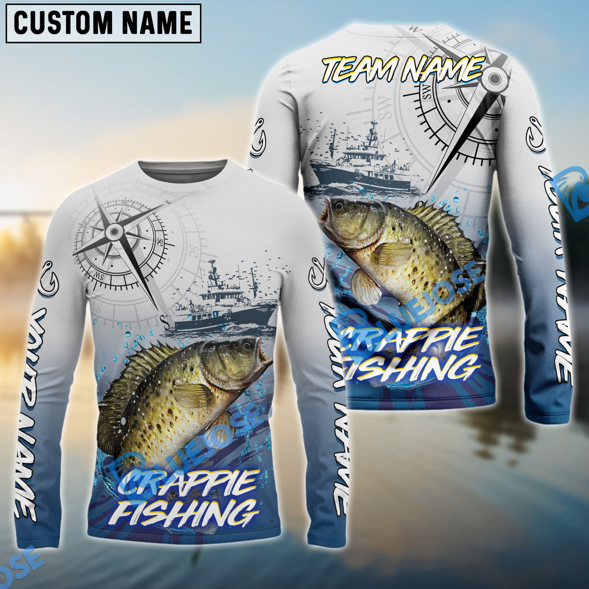 BlueJose Crappie Fishing Realistic Fish Compass Anchor Pattern Custom Name & Team Name 3D Shirts