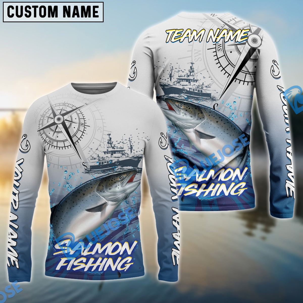 BlueJose Salmon Fishing Realistic Fish Compass Anchor Pattern Custom Name & Team Name 3D Shirts