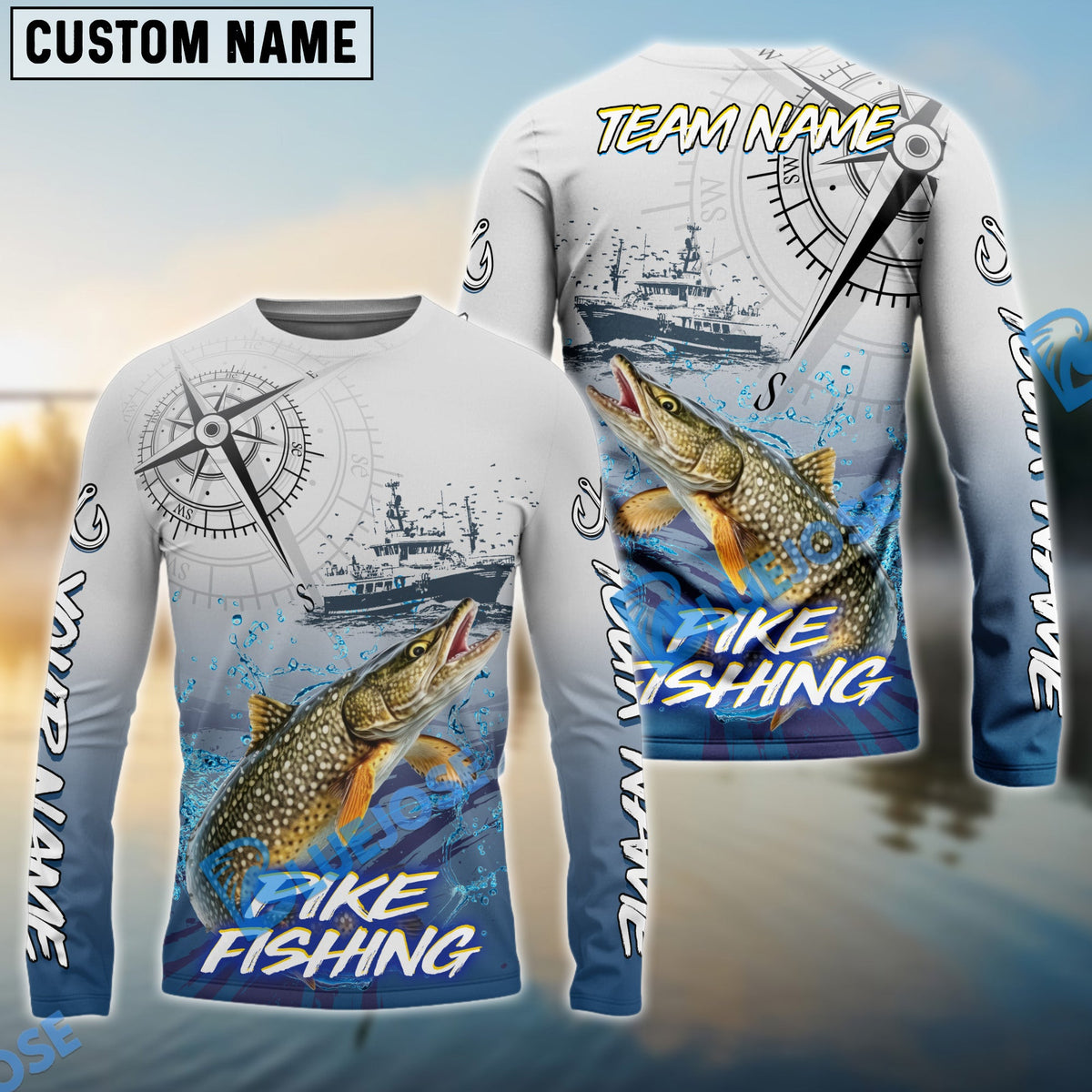 BlueJose Pike Fishing Realistic Fish Compass Anchor Pattern Custom Name & Team Name 3D Shirts