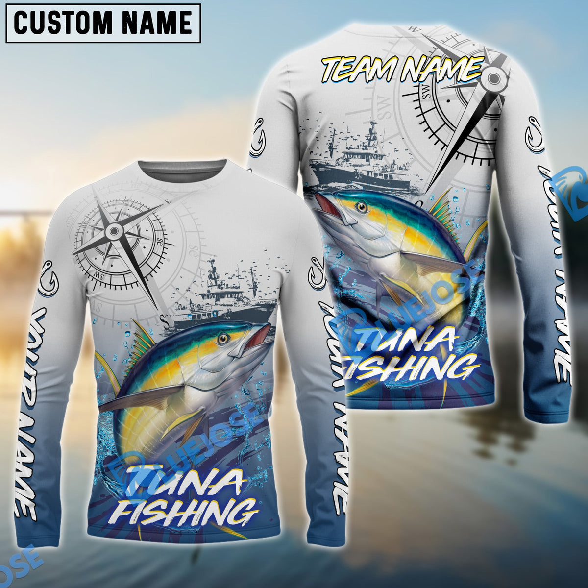 BlueJose Tuna Fishing Realistic Fish Compass Anchor Pattern Custom Name & Team Name 3D Shirts