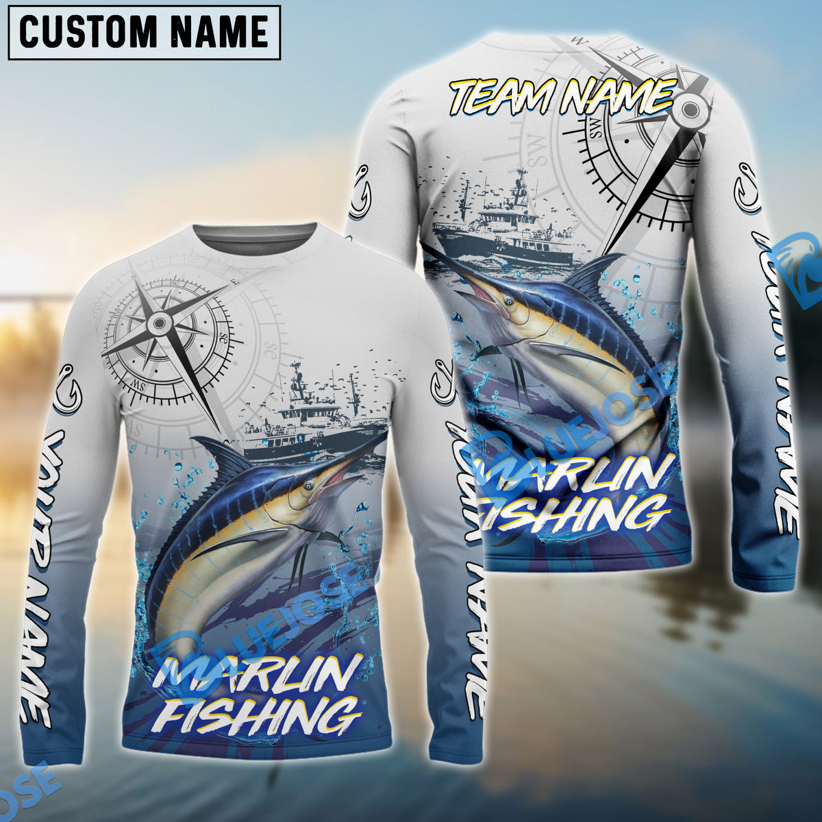 BlueJose Marlin Fishing Realistic Fish Compass Anchor Pattern Custom Name & Team Name 3D Shirts