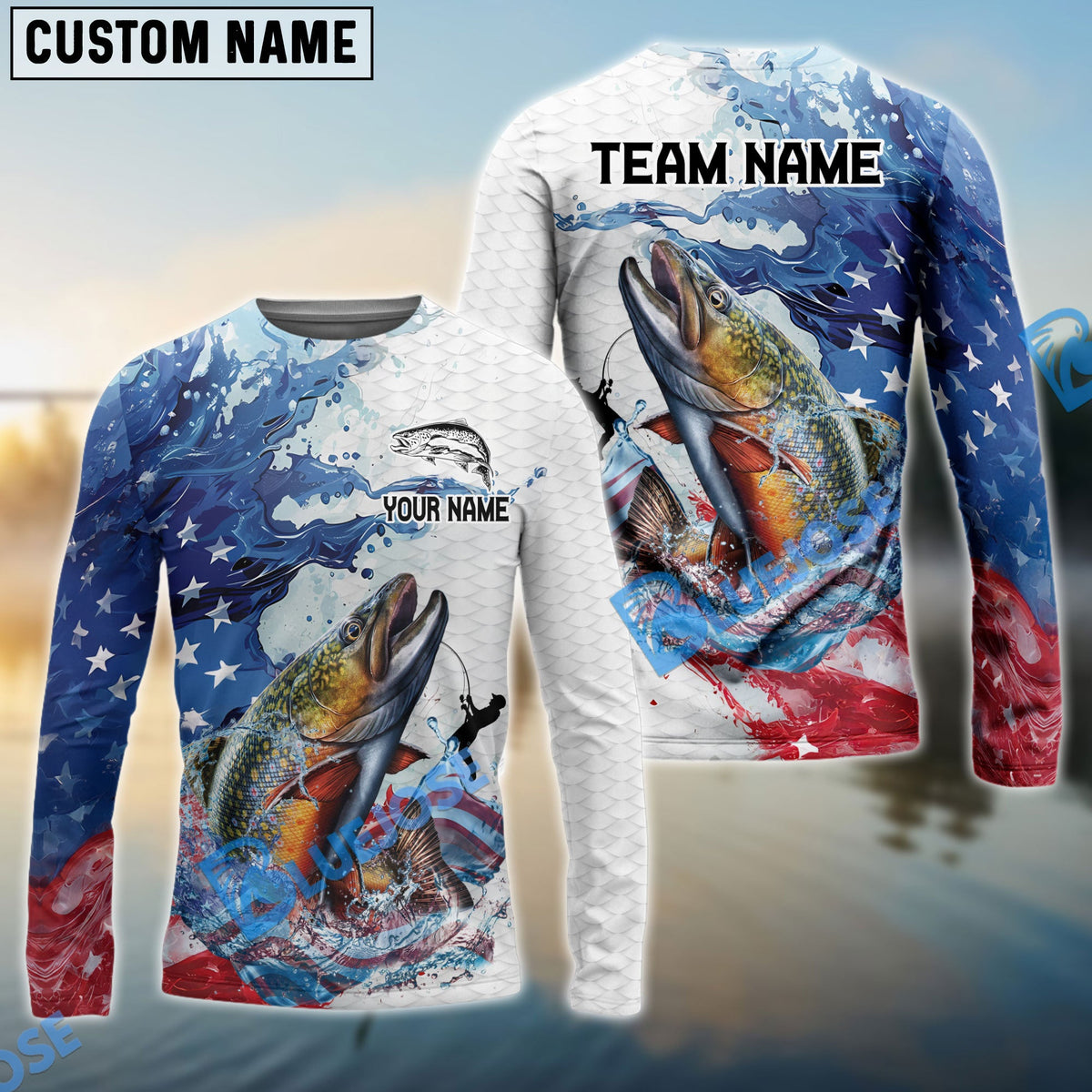 BlueJose Trout Fishing Patriotic American Flag Wave White Skin Custom Name & Team Name 3D Shirts