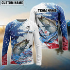 BlueJose Striped Bass Fishing Patriotic American Flag Wave White Skin Custom Name & Team Name 3D Shirts