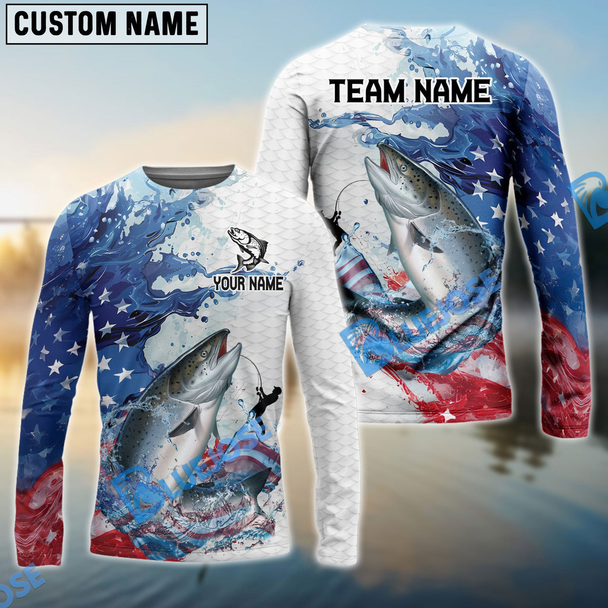 BlueJose Salmon Fishing Patriotic American Flag Wave White Skin Custom Name & Team Name 3D Shirts