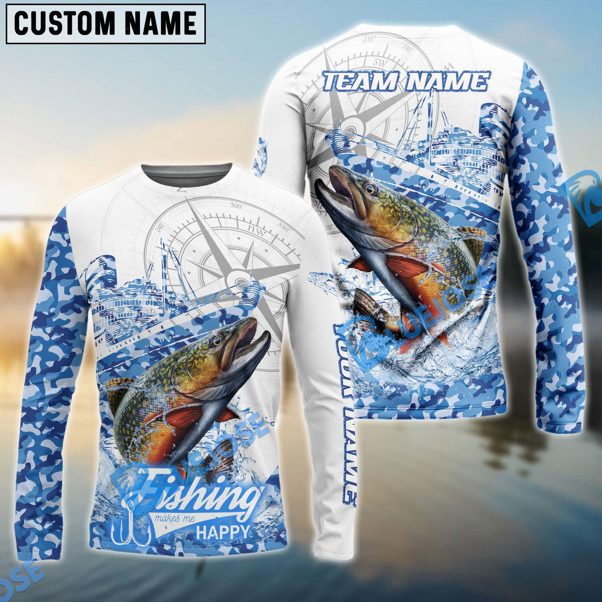 BlueJose Trout Fishing Blue Camouflage Compass Hook Design Pattern Custom Name & Team Name 3D Shirts