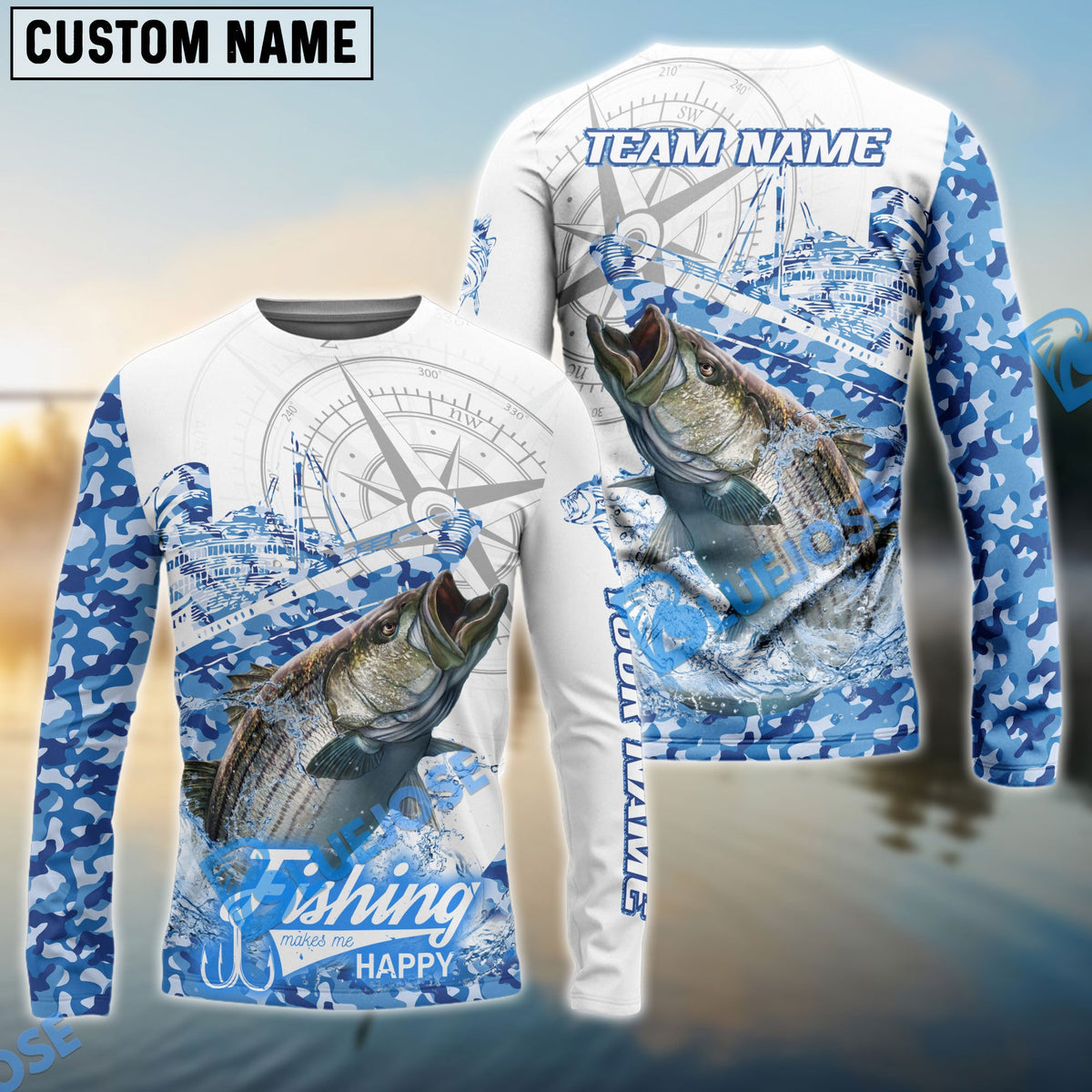 BlueJose Striped Bass Fishing Blue Camouflage Compass Hook Design Pattern Custom Name & Team Name 3D Shirts
