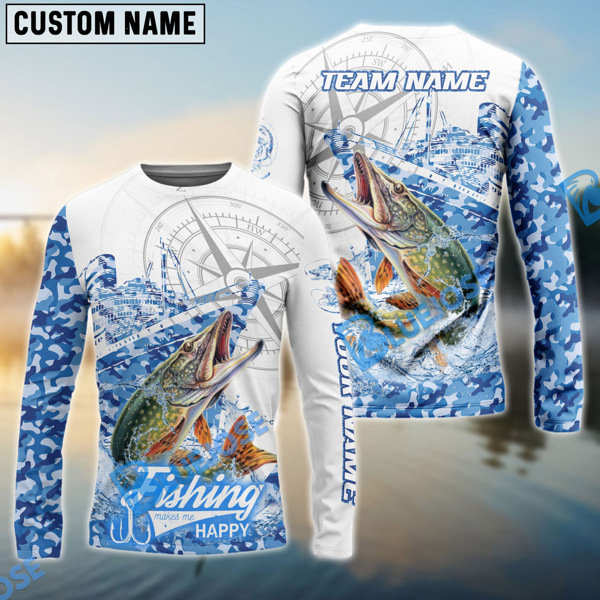 BlueJose Pike Fishing Blue Camouflage Compass Hook Design Pattern Custom Name & Team Name 3D Shirts