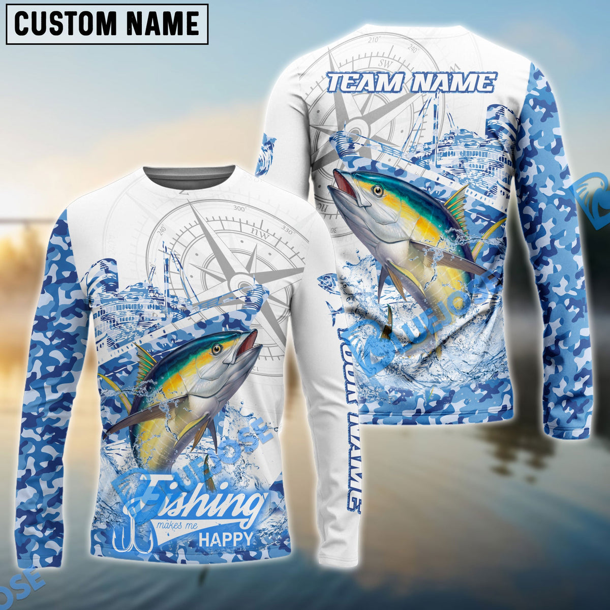 BlueJose Tuna Fishing Blue Camouflage Compass Hook Design Pattern Custom Name & Team Name 3D Shirts