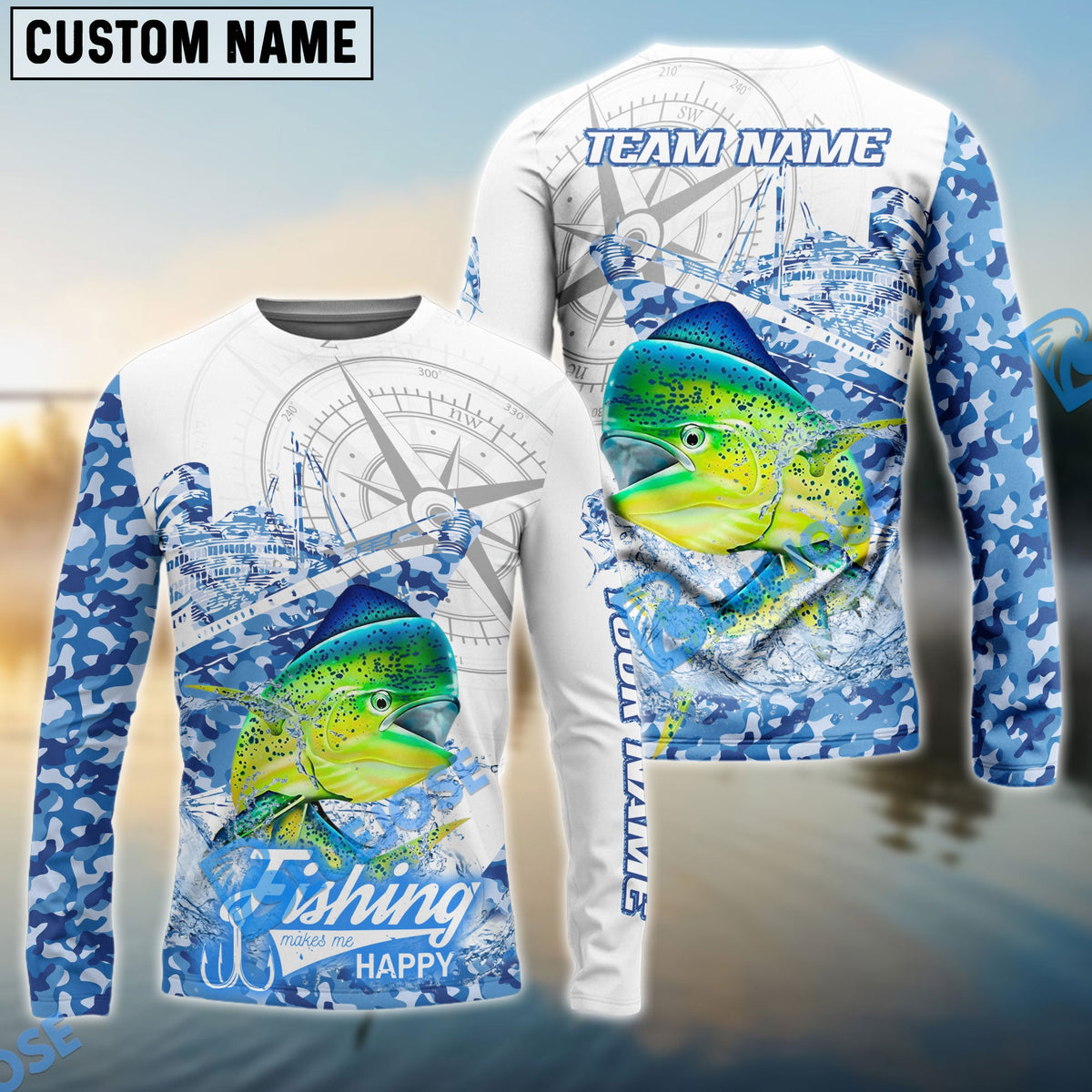 BlueJose Mahi-mahi Fishing Blue Camouflage Compass Hook Design Pattern Custom Name & Team Name 3D Shirts