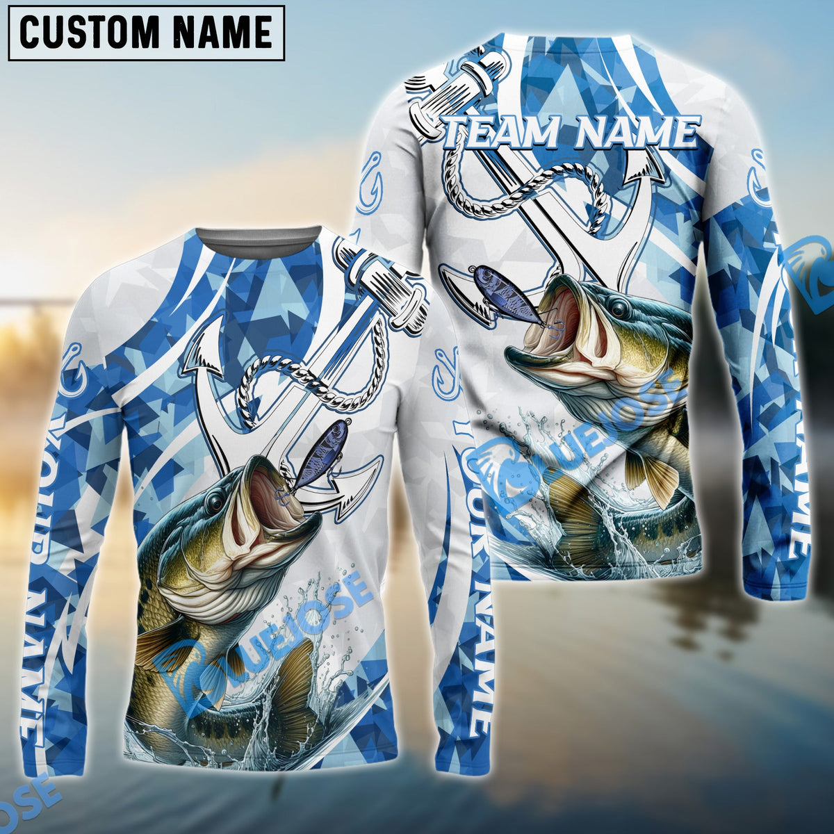 BlueJose Bass Fishing Jumping Fish Rope Hook Ocean Theme Custom Name & Team Name 3D Shirts