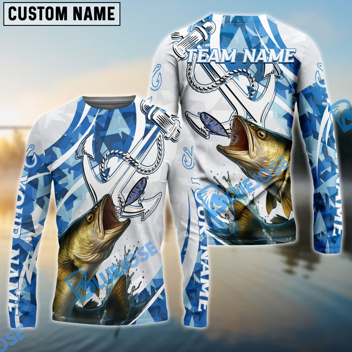 BlueJose Walleye Fishing Jumping Fish Rope Hook Ocean Theme Custom Name & Team Name 3D Shirts