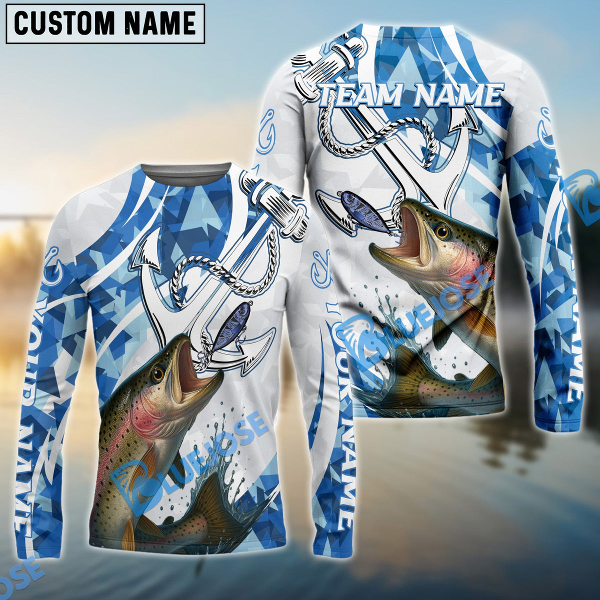 BlueJose Trout Fishing Jumping Fish Rope Hook Ocean Theme Custom Name & Team Name 3D Shirts