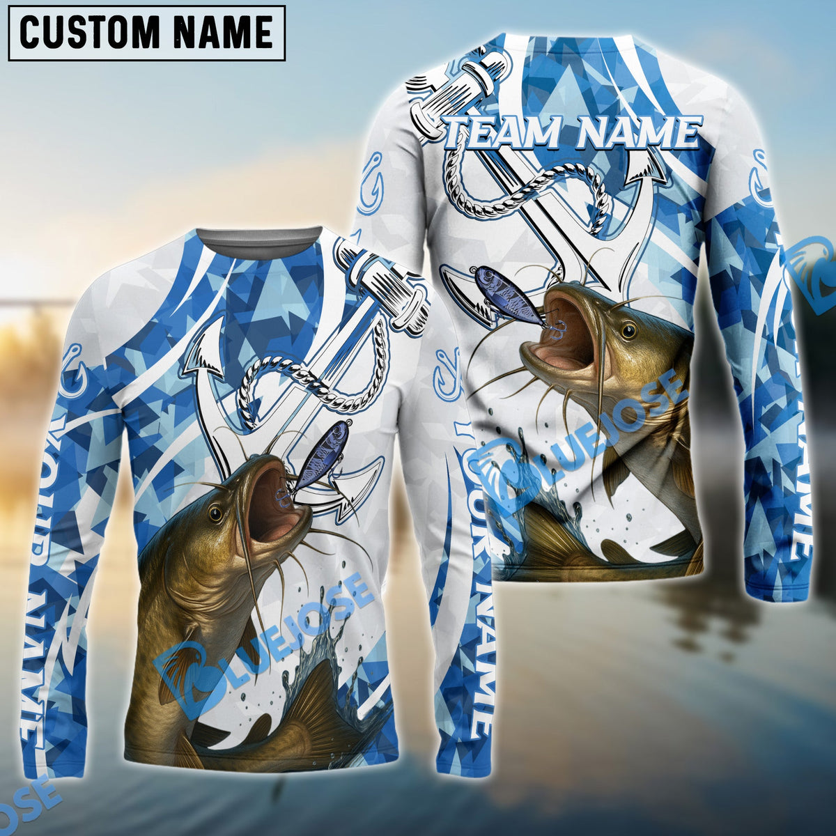 BlueJose Catfish Fishing Jumping Fish Rope Hook Ocean Theme Custom Name & Team Name 3D Shirts