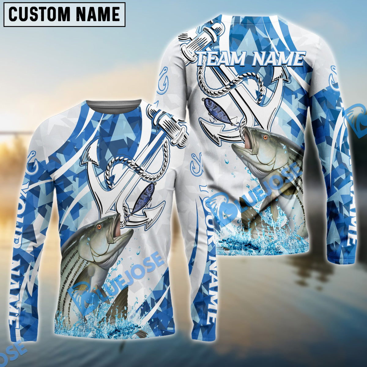 BlueJose Striped Bass Fishing Jumping Fish Rope Hook Ocean Theme Custom Name & Team Name 3D Shirts