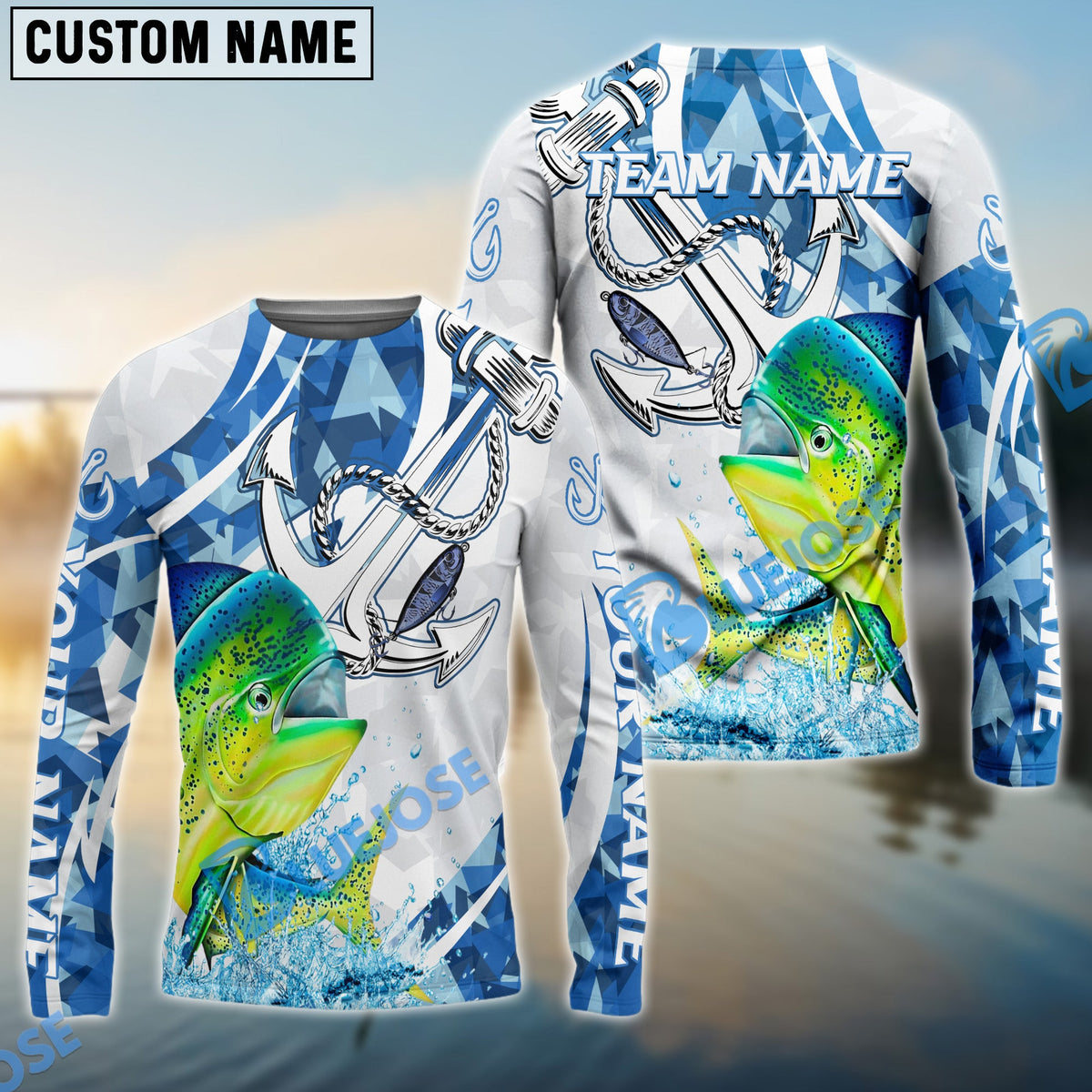 BlueJose Mahimahi Fishing Jumping Fish Rope Hook Ocean Theme Custom Name & Team Name 3D Shirts