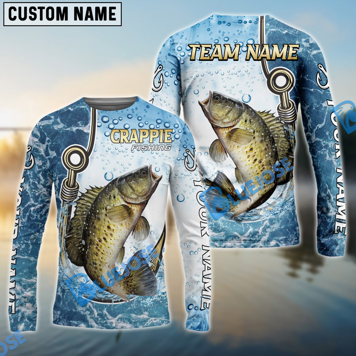 BlueJose Crappie Fishing Golden Hook Graphic Sport Custom Name & Team Name 3D Shirts