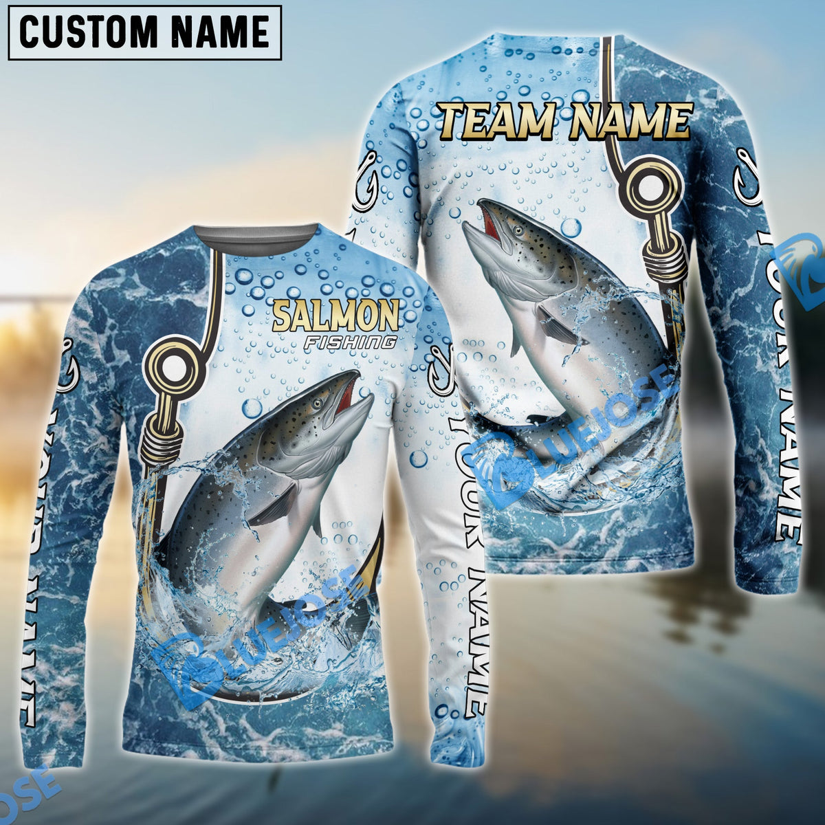 BlueJose Salmon Fishing Golden Hook Graphic Sport Custom Name & Team Name 3D Shirts