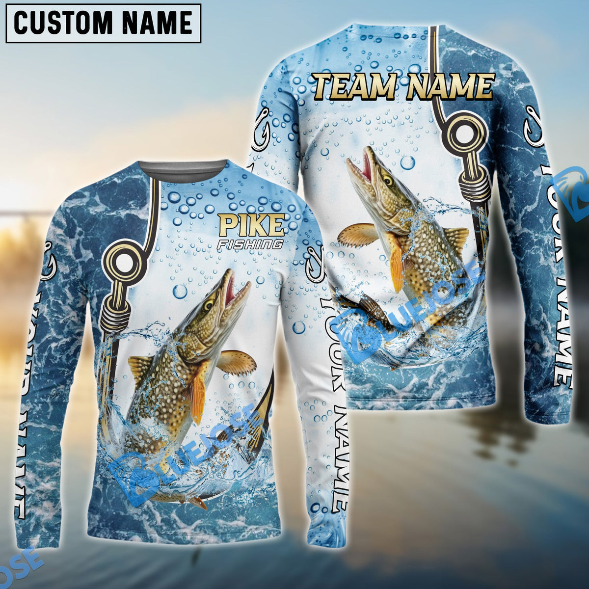 BlueJose Pike Fishing Golden Hook Graphic Sport Custom Name & Team Name 3D Shirts