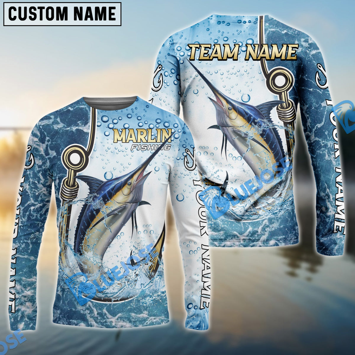 BlueJose Marlin Fishing Golden Hook Graphic Sport Custom Name & Team Name 3D Shirts
