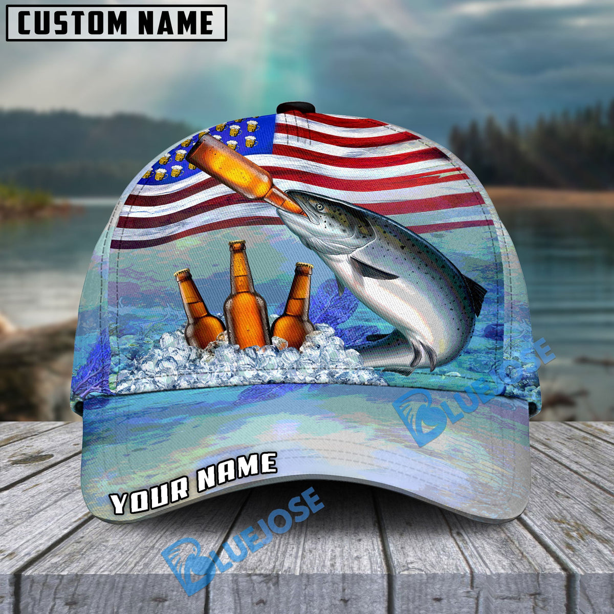BlueJose Fishing American Flag Beer Personalized Cap (Bass, Walleye, Trout, Catfish, Crappie, Striped Bass, Salmon, Pike, Tuna, Marlin, Mahi-mahi)