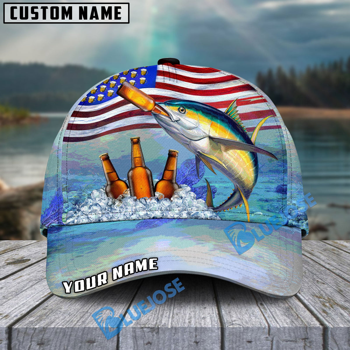 BlueJose Fishing American Flag Beer Personalized Cap (Bass, Walleye, Trout, Catfish, Crappie, Striped Bass, Salmon, Pike, Tuna, Marlin, Mahi-mahi)