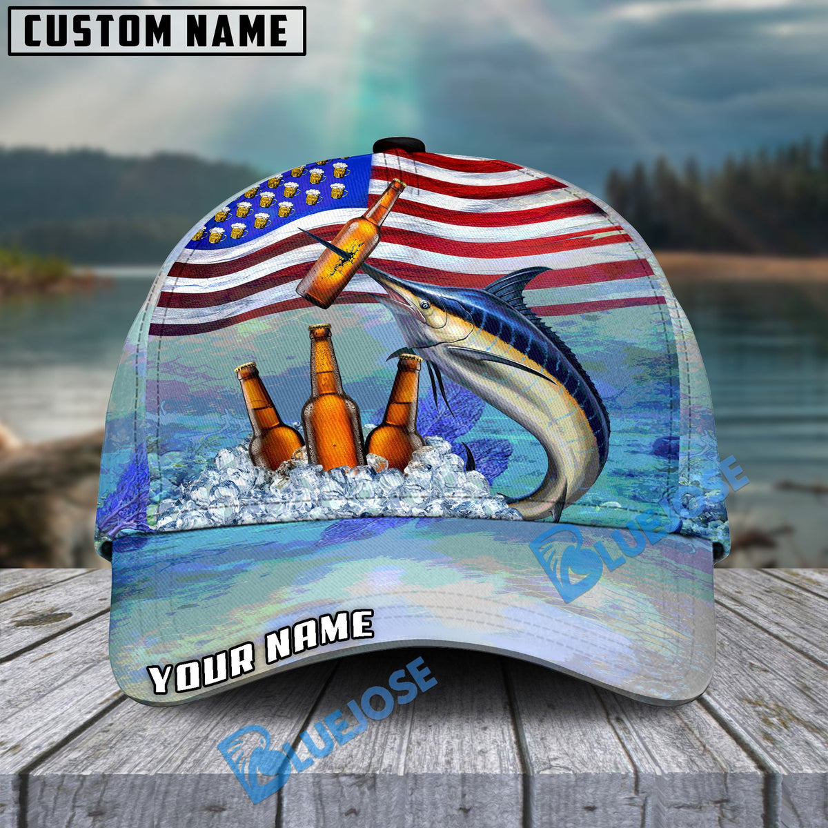 BlueJose Fishing American Flag Beer Personalized Cap (Bass, Walleye, Trout, Catfish, Crappie, Striped Bass, Salmon, Pike, Tuna, Marlin, Mahi-mahi)