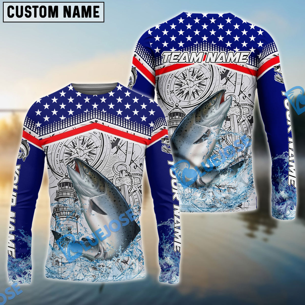 BlueJose Salmon Fishing American Anchor Compass Lighthouse Graphic Custom Name & Team Name 3D Shirts