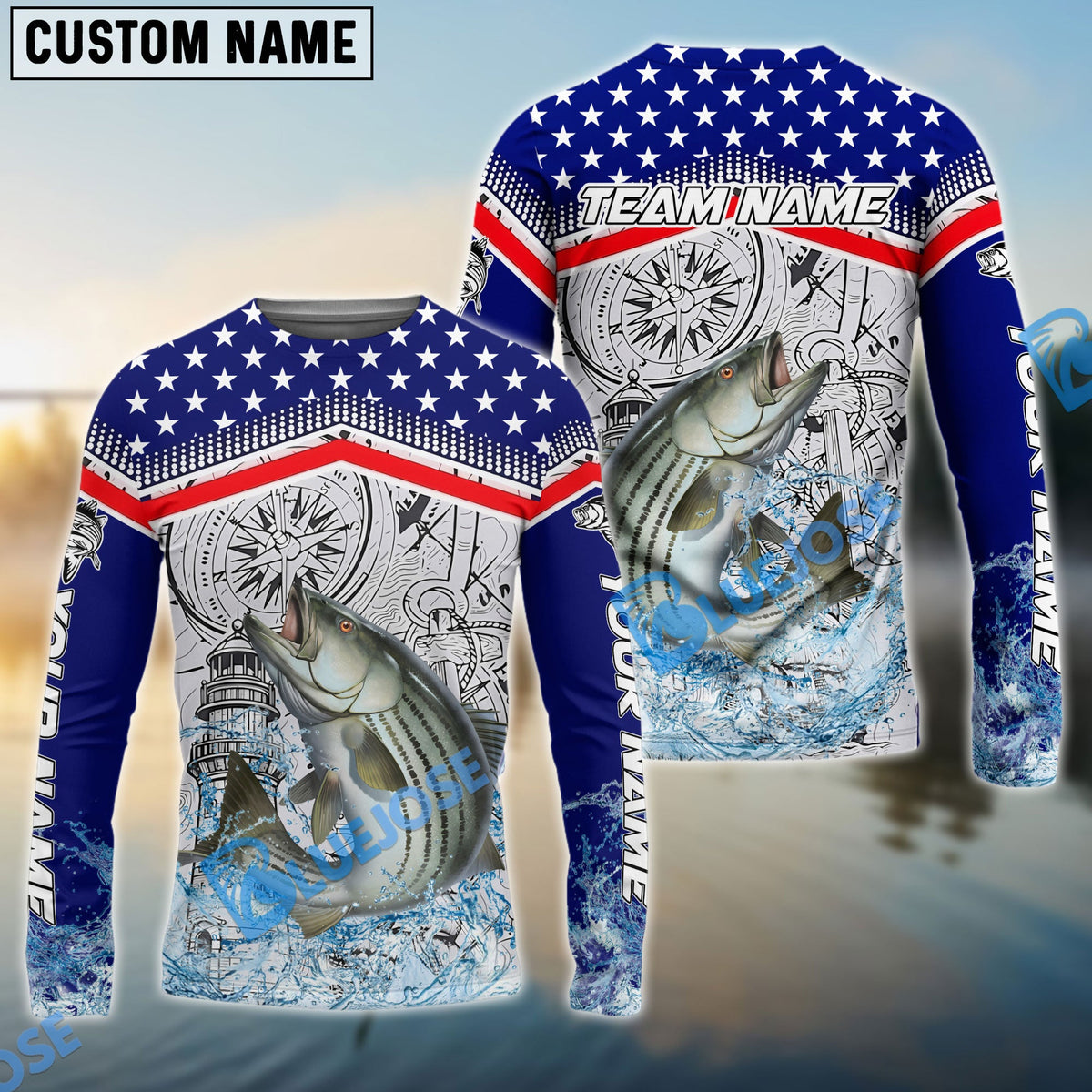 BlueJose Striped Bass Fishing American Anchor Compass Lighthouse Graphic Custom Name & Team Name 3D Shirts