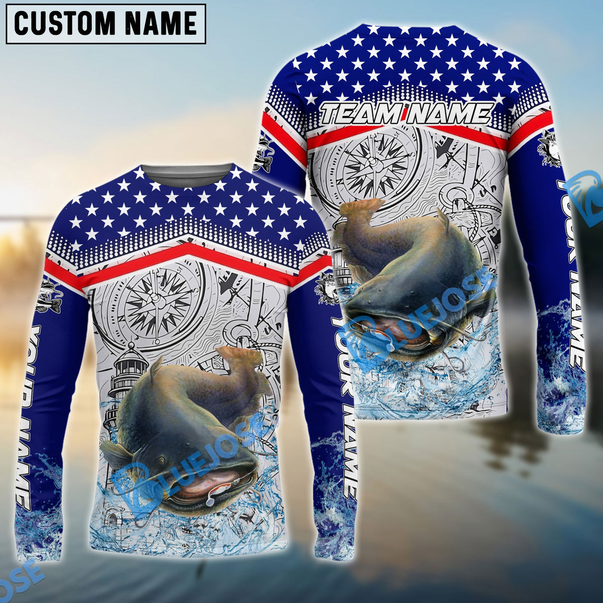 BlueJose Catfish Fishing American Anchor Compass Lighthouse Graphic Custom Name & Team Name 3D Shirts