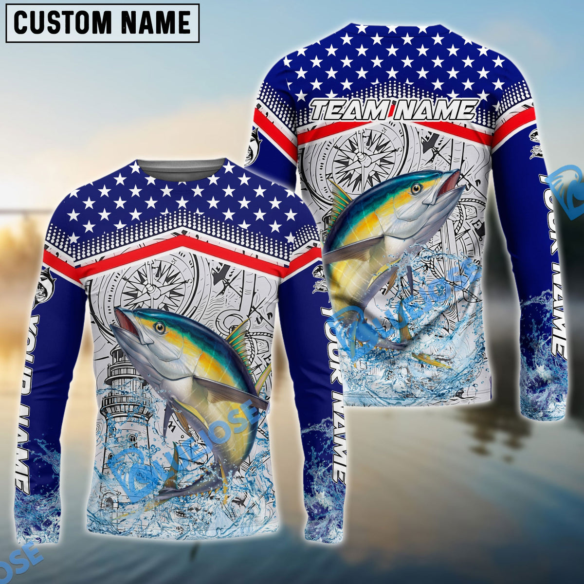 BlueJose Tuna Fishing American Anchor Compass Lighthouse Graphic Custom Name & Team Name 3D Shirts