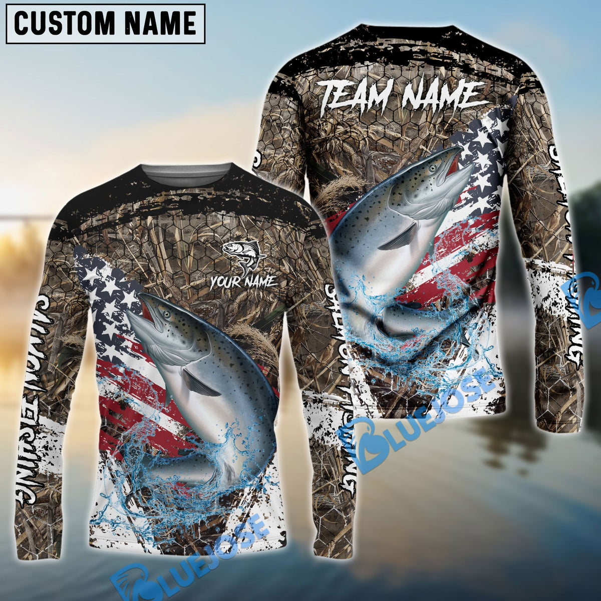 BlueJose Salmon Fishing American Flag Scratch Grass Camo Custom Name & Team Name 3D Shirts