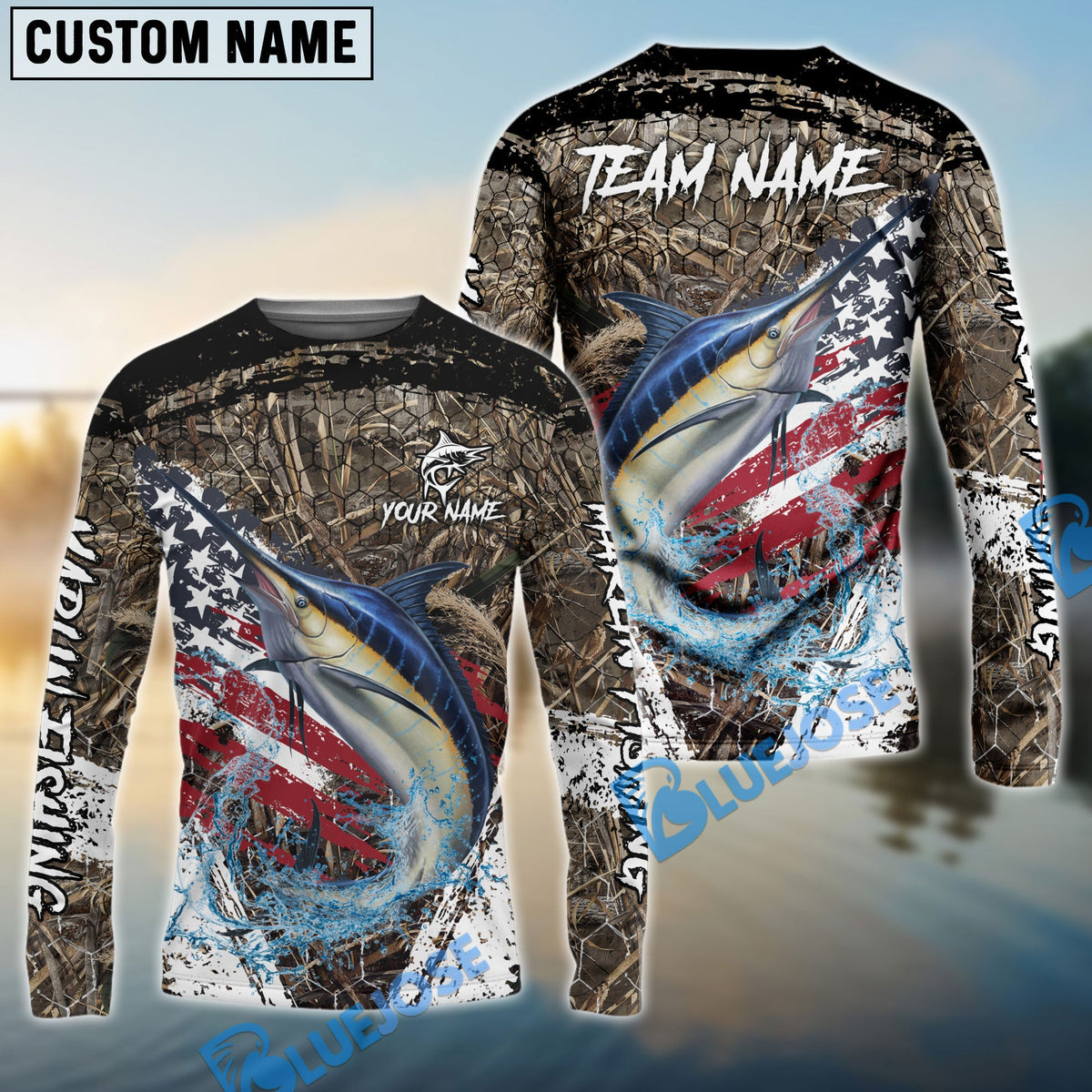 BlueJose Marlin Fishing American Flag Scratch Grass Camo Custom Name & Team Name 3D Shirts