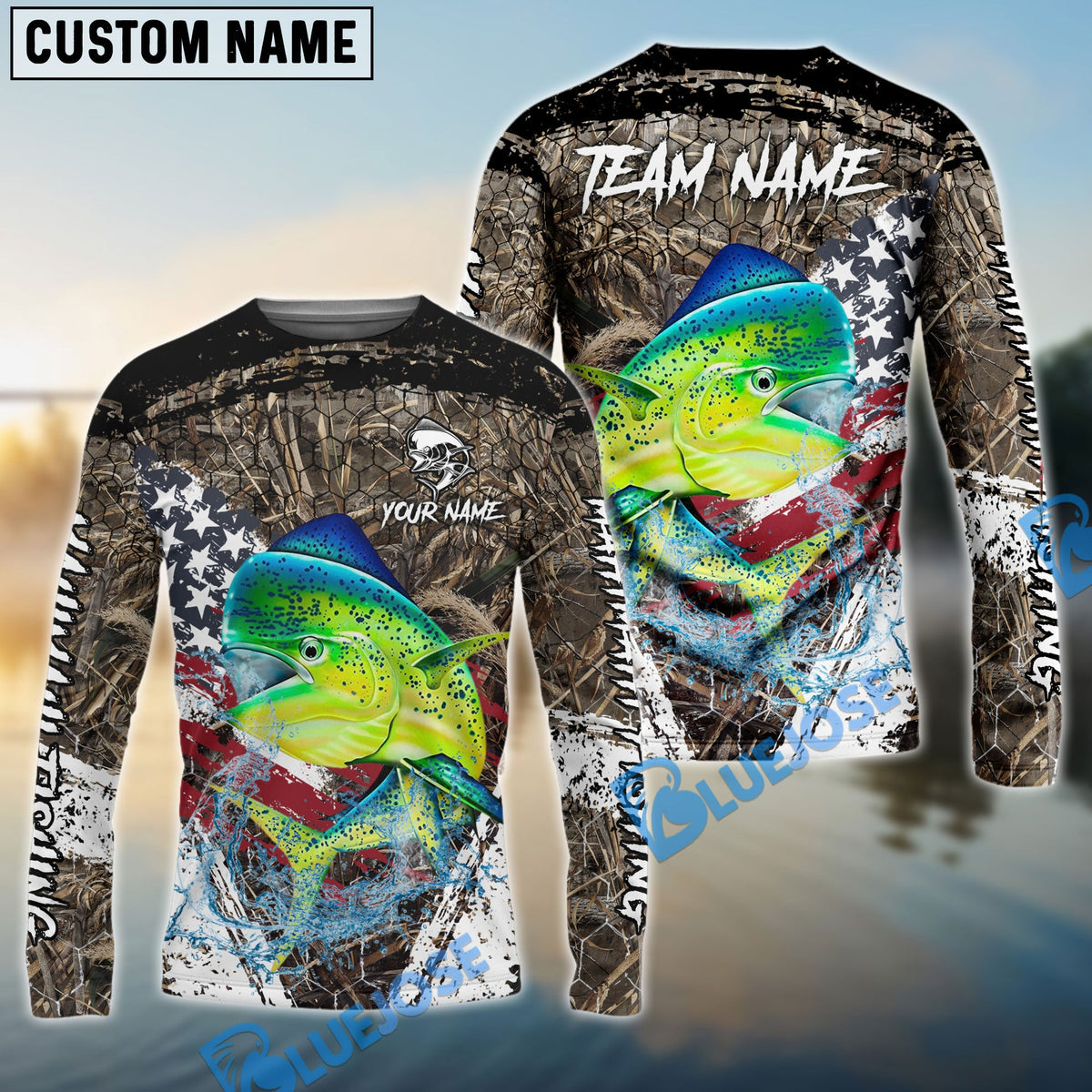 BlueJose Mahi-Mahi Fishing American Flag Scratch Grass Camo Custom Name & Team Name 3D Shirts