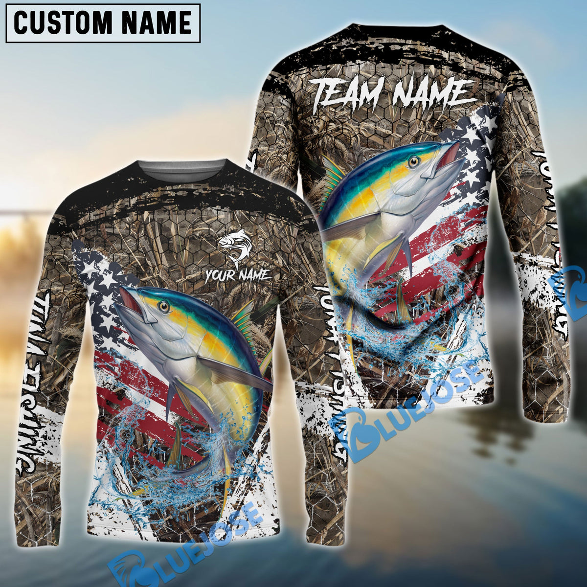 BlueJose Tuna Fishing American Flag Scratch Grass Camo Custom Name & Team Name 3D Shirts