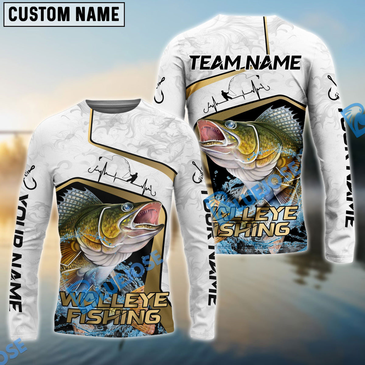 BlueJose Walleye Fishing White Marble & Gold Trim Splash Heartbeat Line Custom Name & Team Name 3D Shirts