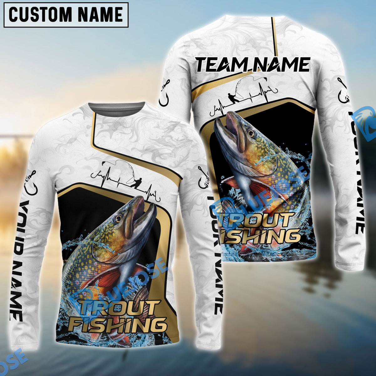 BlueJose Trout Fishing White Marble & Gold Trim Splash Heartbeat Line Custom Name & Team Name 3D Shirts