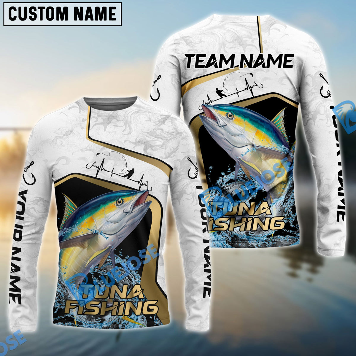BlueJose Tuna Fishing White Marble & Gold Trim Splash Heartbeat Line Custom Name & Team Name 3D Shirts