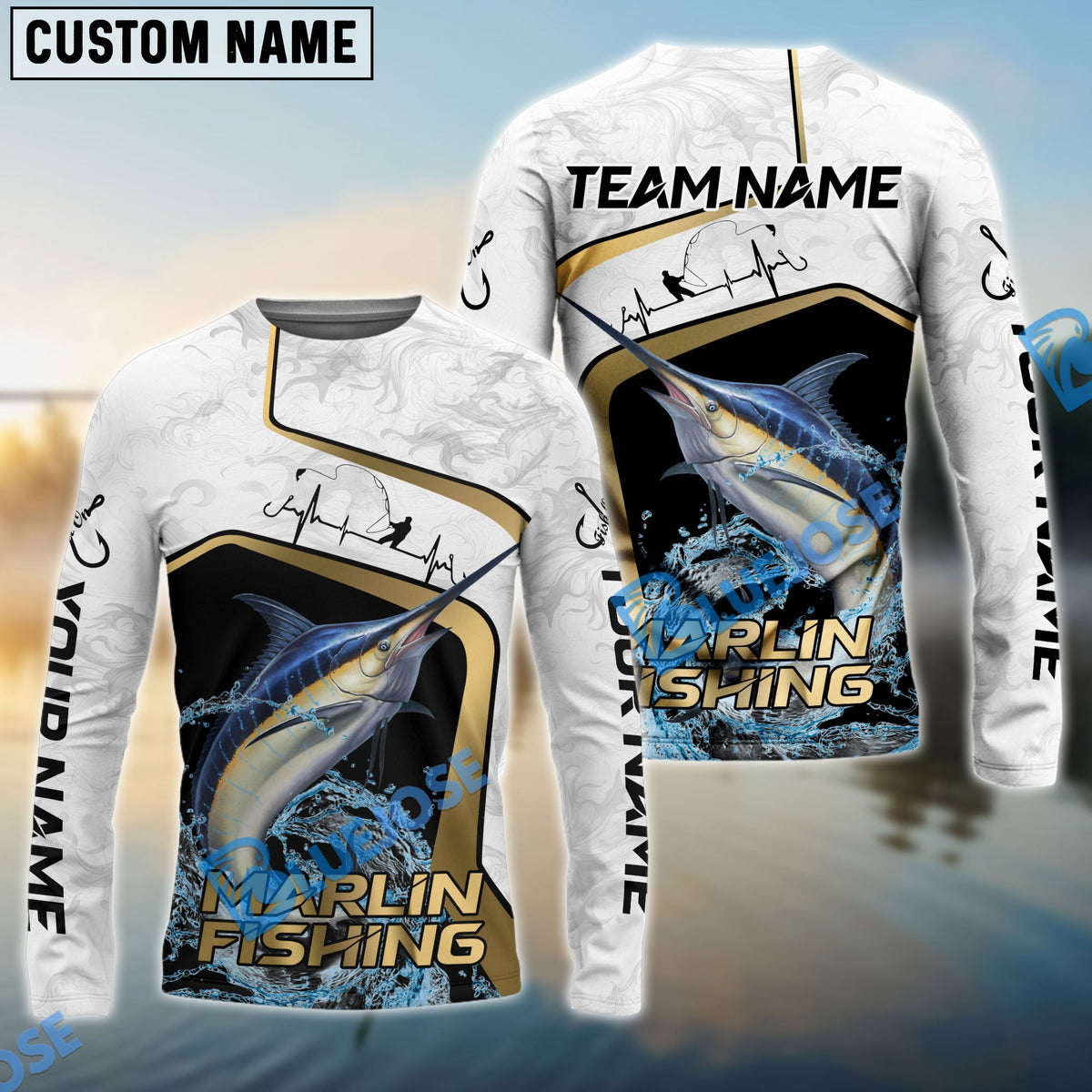 BlueJose Marlin Fishing White Marble & Gold Trim Splash Heartbeat Line Custom Name & Team Name 3D Shirts