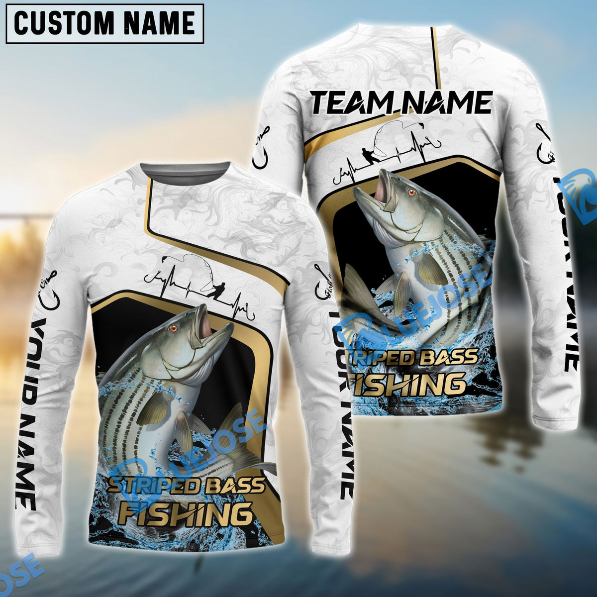 BlueJose Striped Bass Fishing White Marble & Gold Trim Splash Heartbeat Line Custom Name & Team Name 3D Shirts