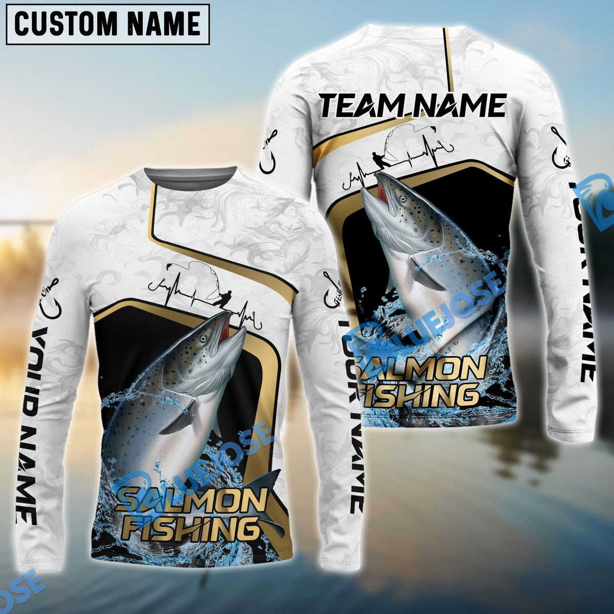 BlueJose Salmon Fishing White Marble & Gold Trim Splash Heartbeat Line Custom Name & Team Name 3D Shirts
